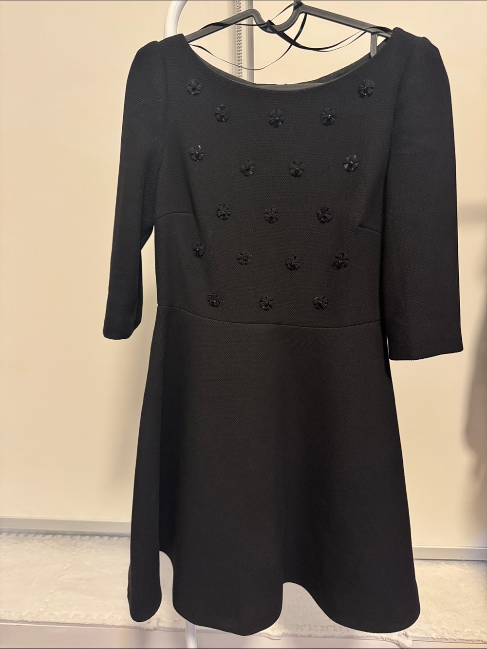 Elegant Black Long-Sleeve Embellished Fit-and-Flare Dress